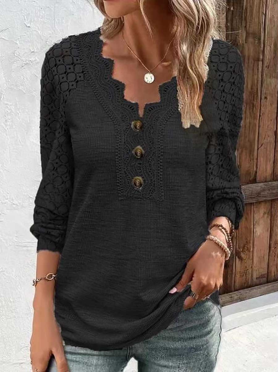 Lunimesd Comfortable Casual Lace Splicing V-Neck Pullover Top Women's T-Shirt
