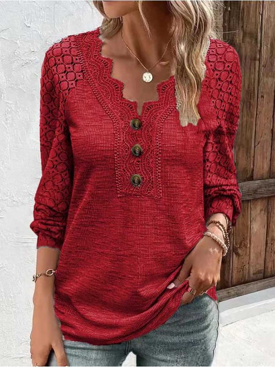 Comfortable Casual Lace Splicing V-Neck Pullover Top Women's T-Shirt
