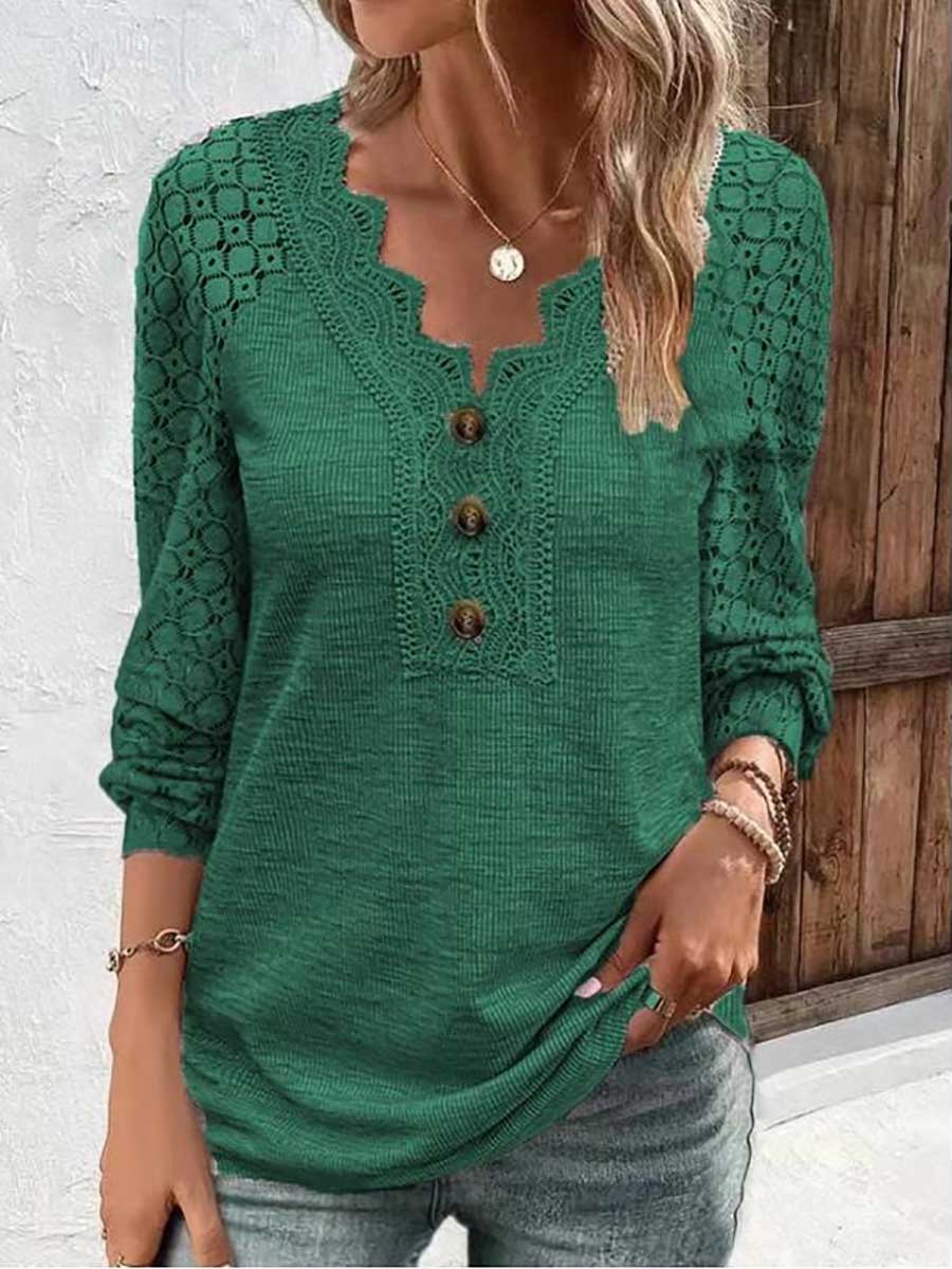 Veleaee Comfortable Casual Lace Splicing V-Neck Pullover Top Women's T-Shirt