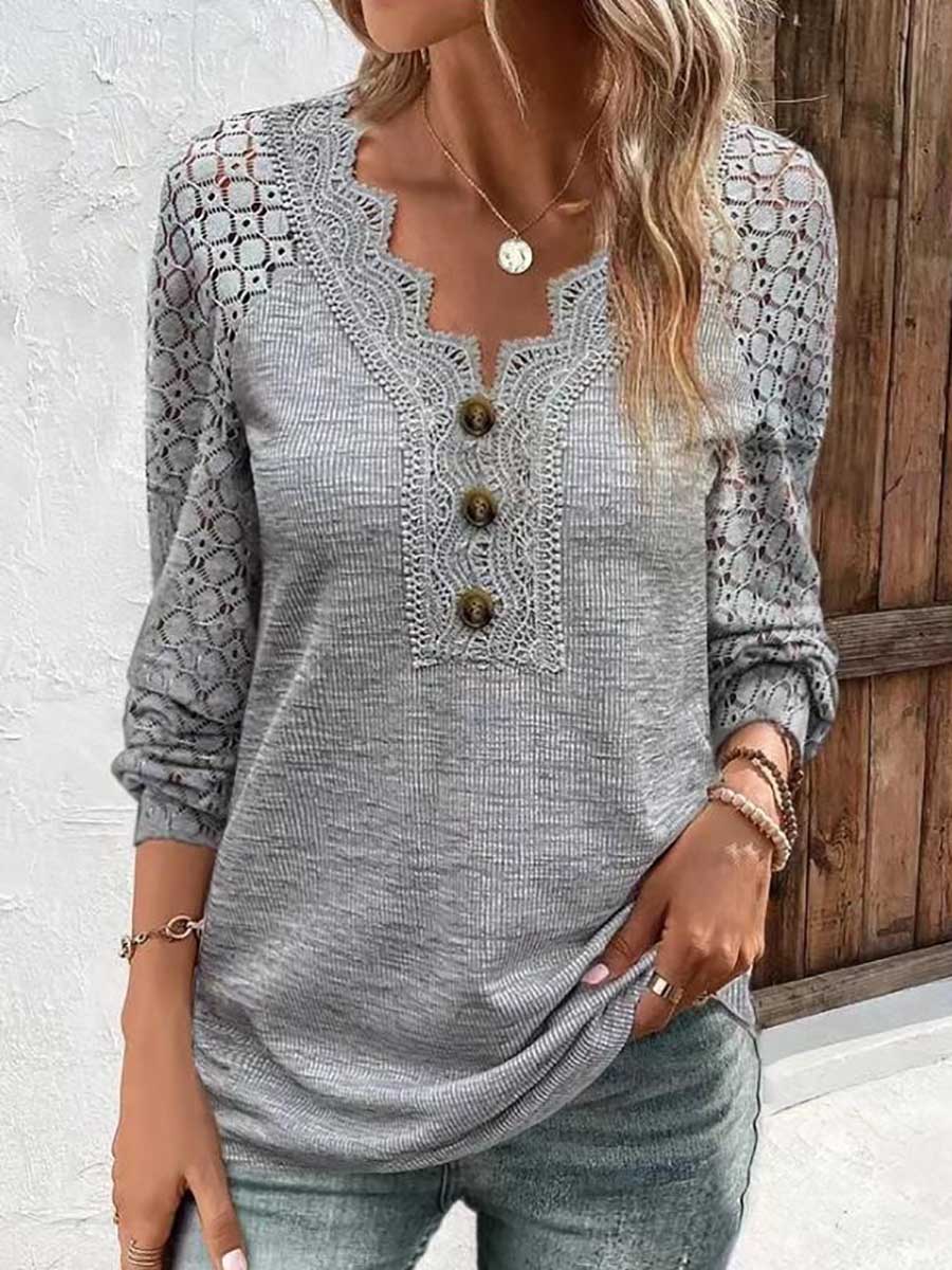 Lunimesd Comfortable Casual Lace Splicing V-Neck Pullover Top Women's T-Shirt