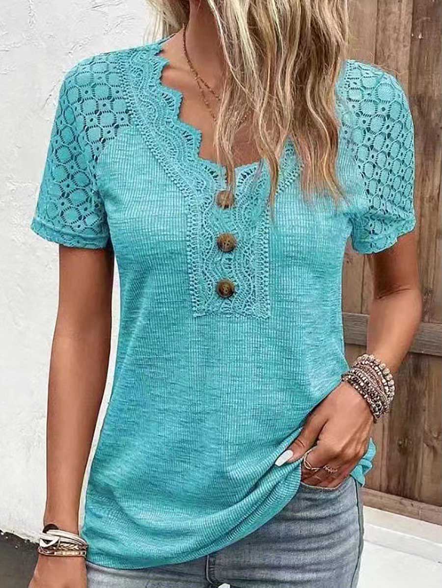 Lunimesd Comfortable Casual Lace Splicing V-Neck Pullover Top Women's T-Shirt