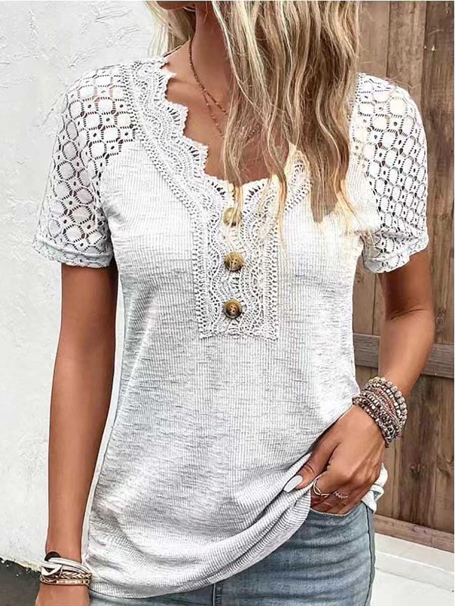 Lunimesd Comfortable Casual Lace Splicing V-Neck Pullover Top Women's T-Shirt