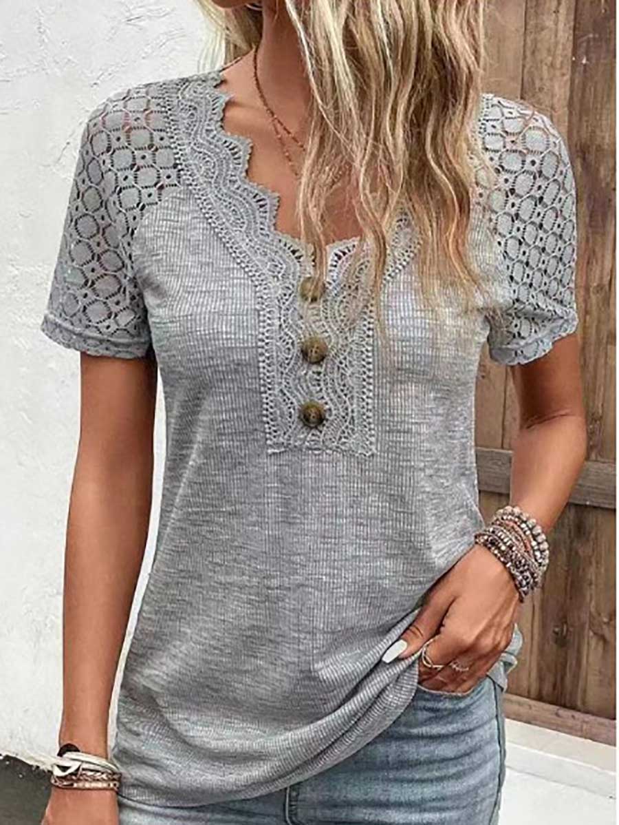 Veleaee Comfortable Casual Lace Splicing V-Neck Pullover Top Women's T-Shirt