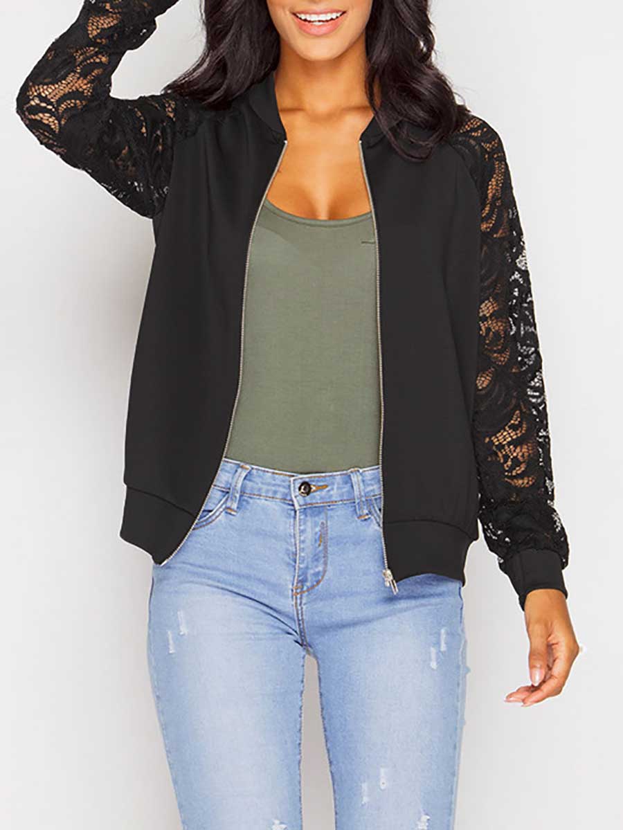 Lunimesd Long Sleeve Lace Patchwork Zipper Small Coat Jacket