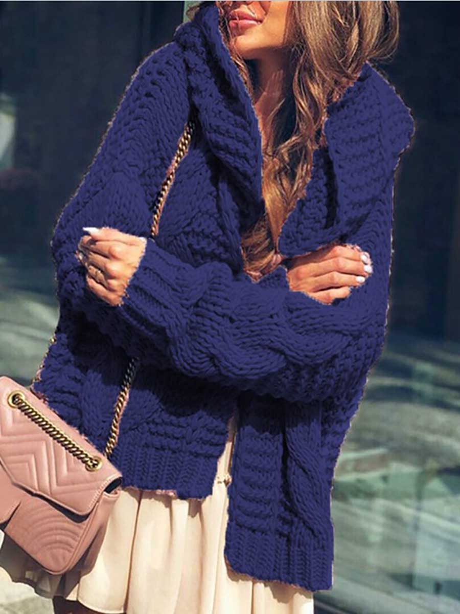 Lunimesd Twist Hat Cardigan Solid Color Chunky Knit Sweater