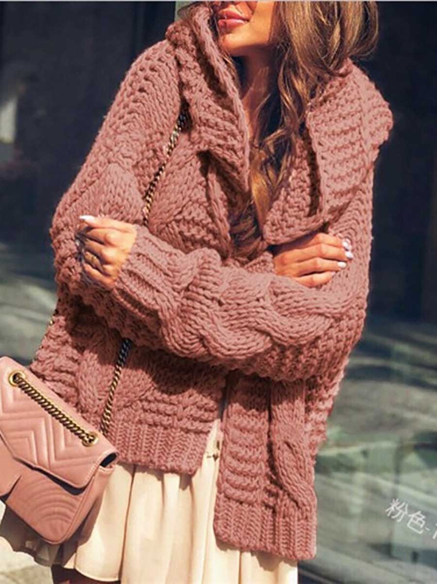 Lunimesd Twist Hat Cardigan Solid Color Chunky Knit Sweater