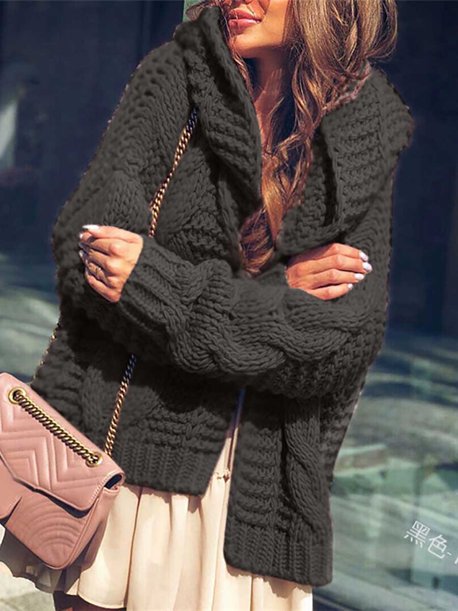 Lunimesd Twist Hat Cardigan Solid Color Chunky Knit Sweater