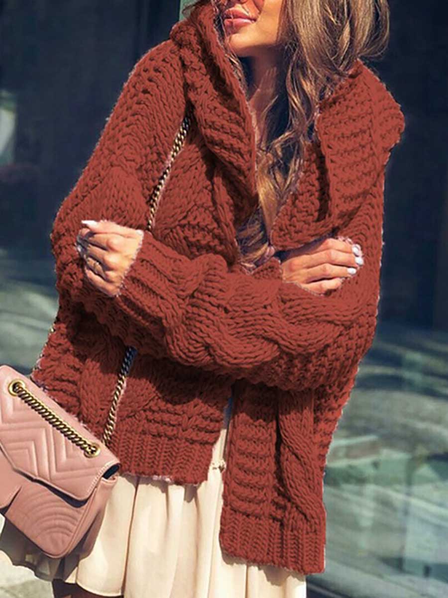 Lunimesd Twist Hat Cardigan Solid Color Chunky Knit Sweater