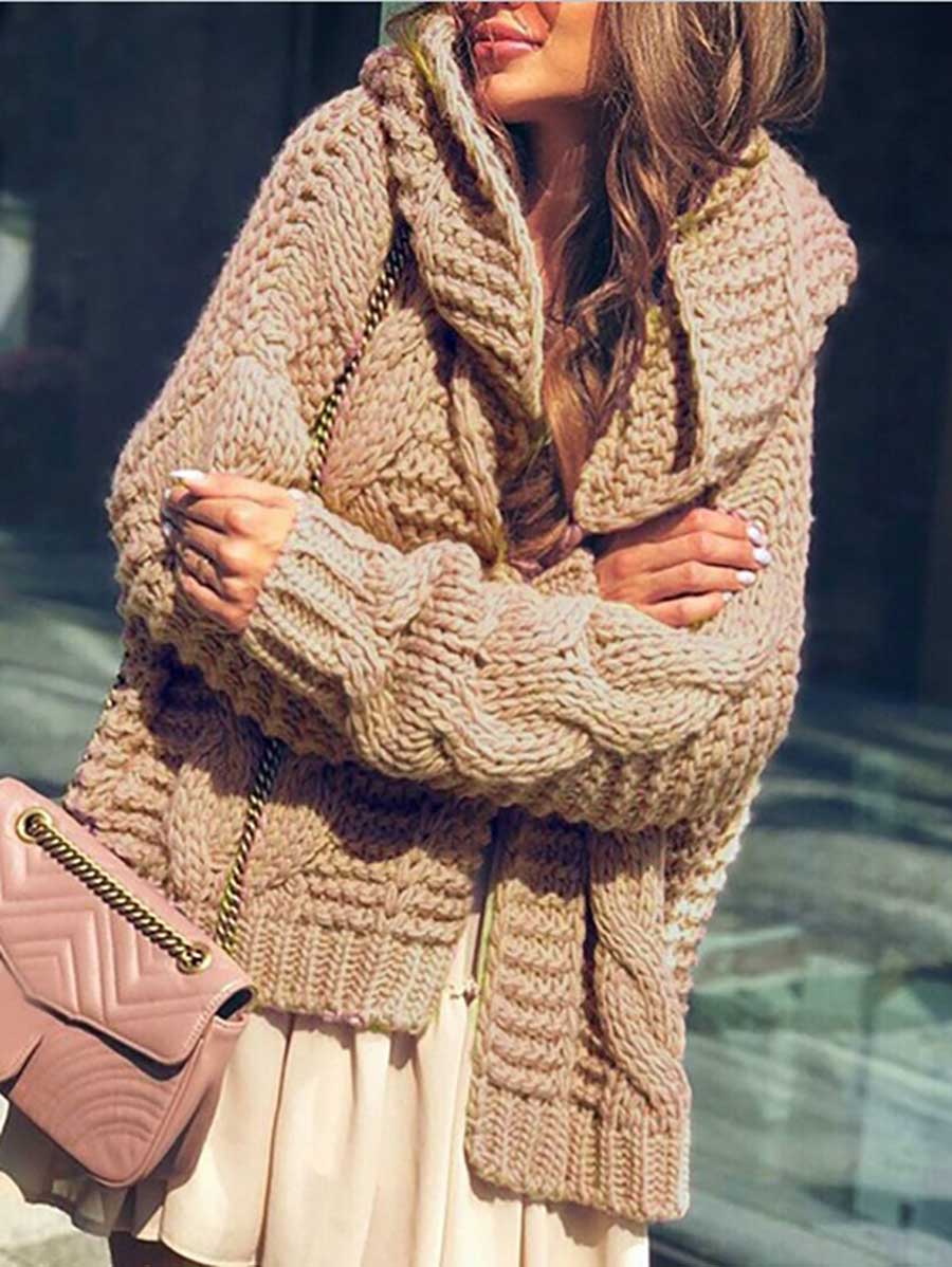Lunimesd Twist Hat Cardigan Solid Color Chunky Knit Sweater