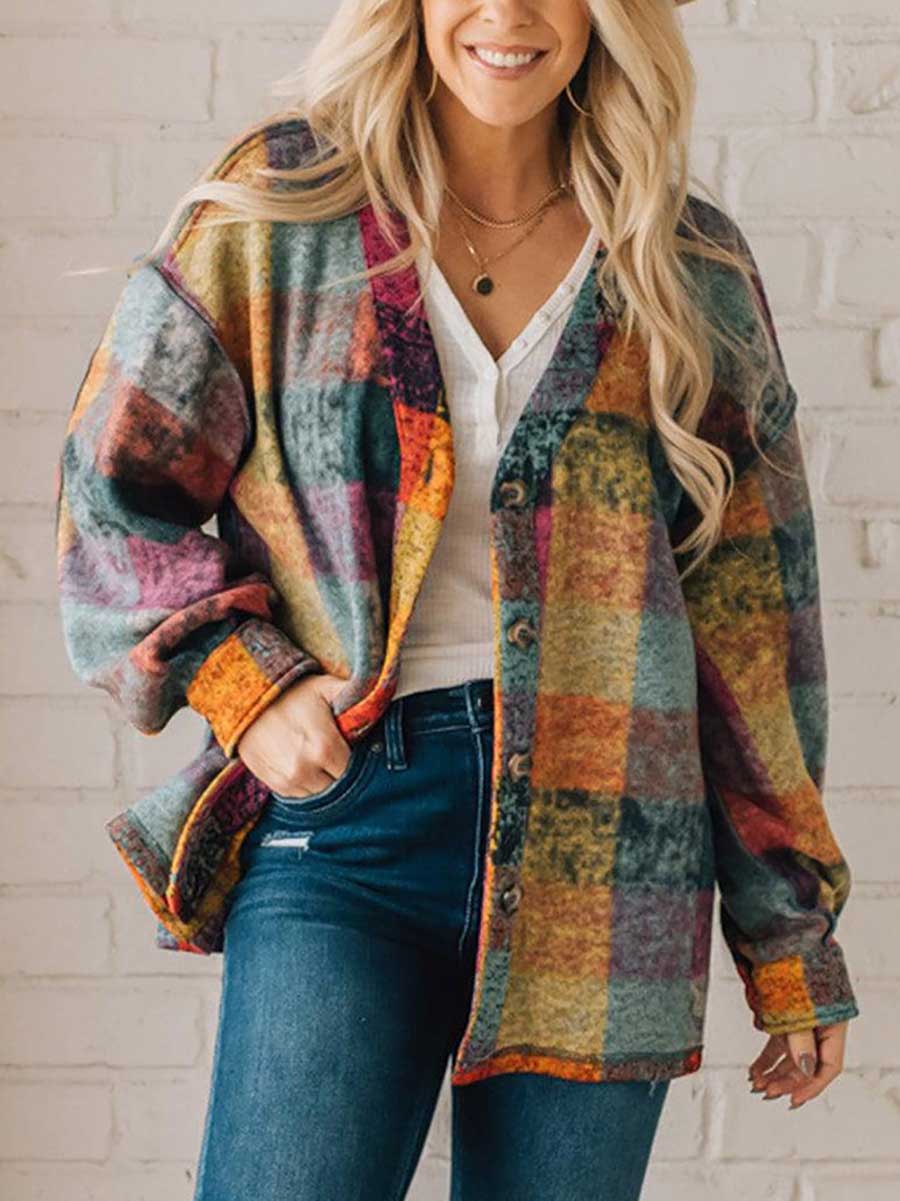 Lunimesd Loose-fitting Plaid Shirt Fleece Jacket