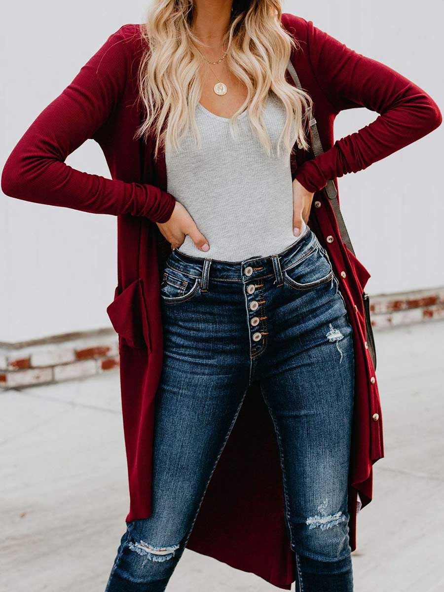 Lunimesd Single Breasted Mid-Length Button Down Cardigan