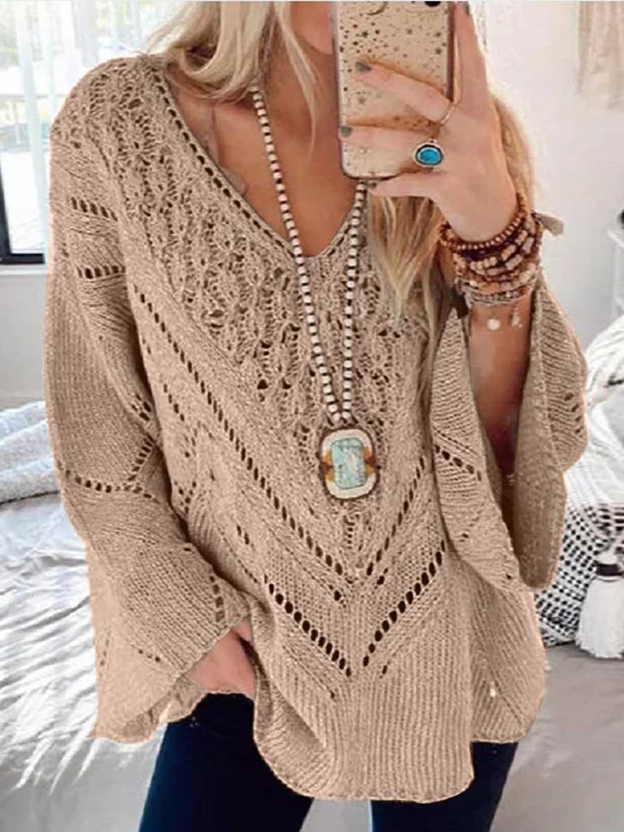 Cutout V-Neck Flared Sleeve Sweater