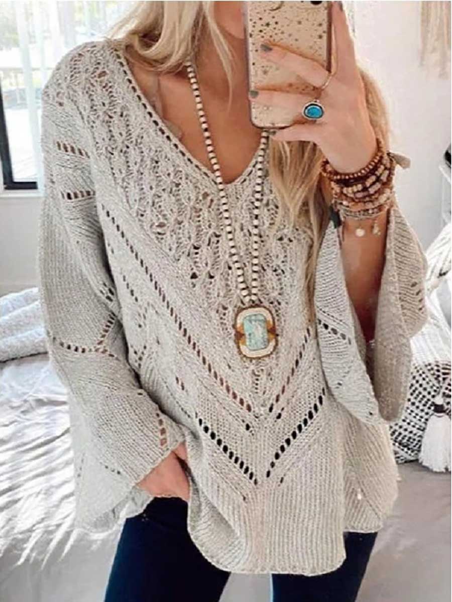 Cutout V-Neck Flared Sleeve Sweater