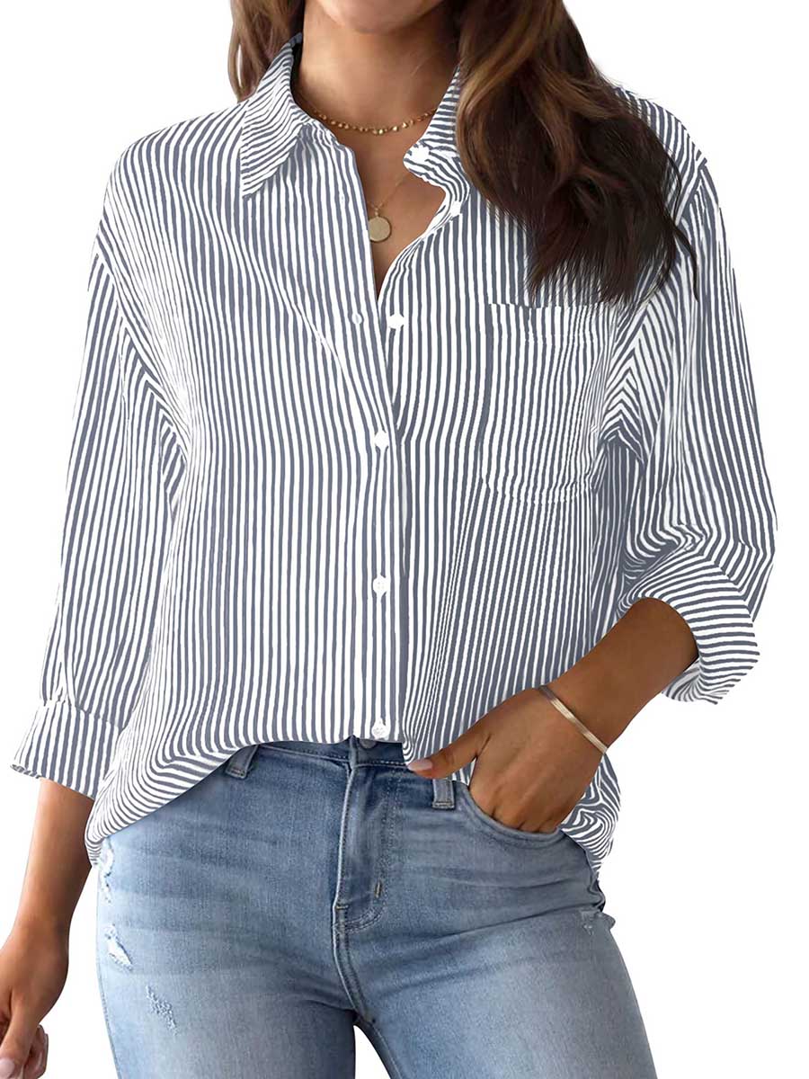 Lunimesd Striped Long Sleeve Collared Shirt Top