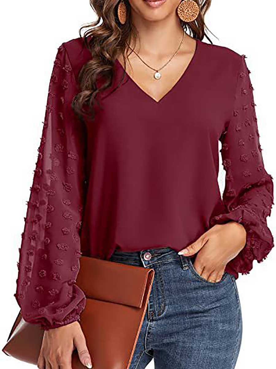 Lunimesd V-Neck Chiffon Long Sleeve Top