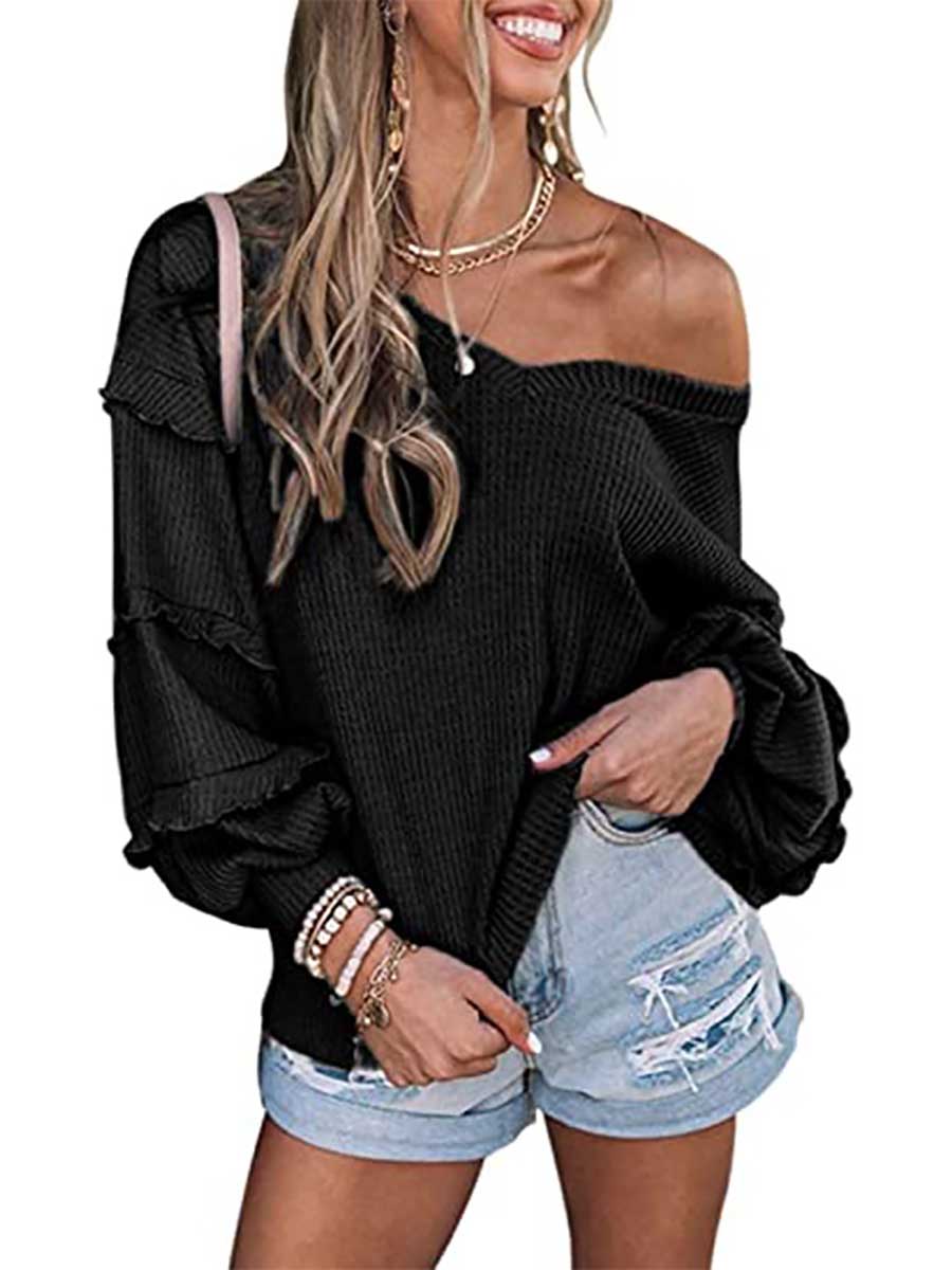 Lunimesd Waffle V-Neck Ruffle Lantern Sleeve Top