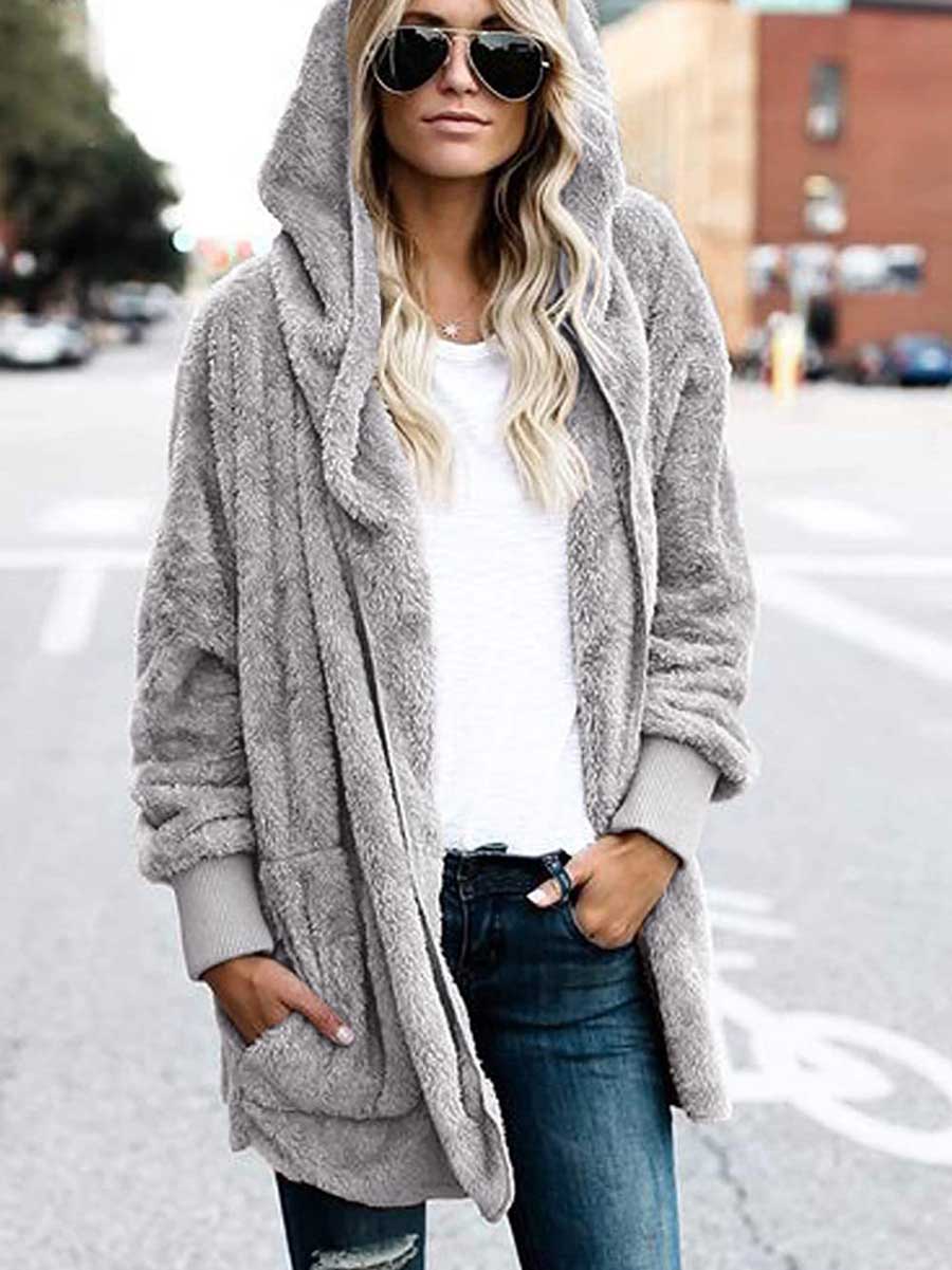 Lunimesd Solid Color Fleece Hooded Jacket