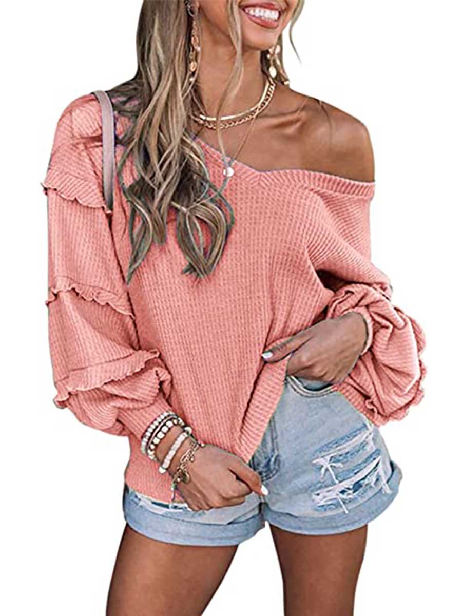 Lunimesd Waffle V-Neck Ruffle Lantern Sleeve Top