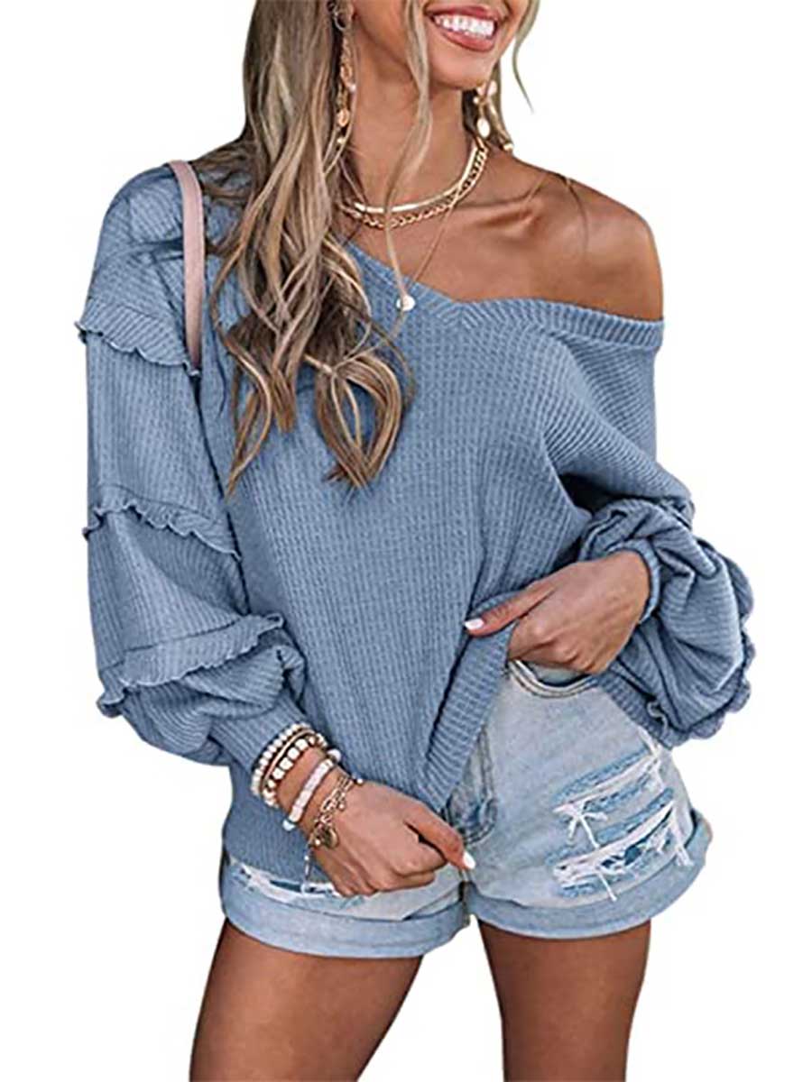 Lunimesd Waffle V-Neck Ruffle Lantern Sleeve Top