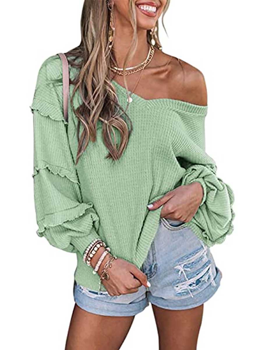 Lunimesd Waffle V-Neck Ruffle Lantern Sleeve Top