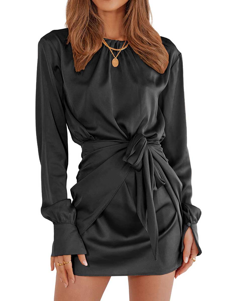 Lunimesd Long Sleeve Round Neck Tie Dress