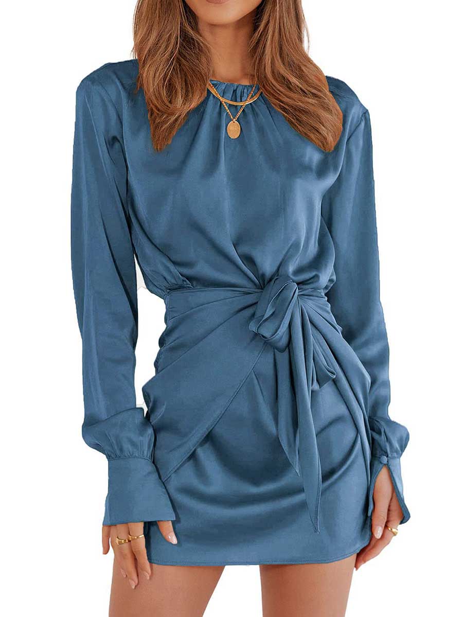Lunimesd Long Sleeve Round Neck Tie Dress