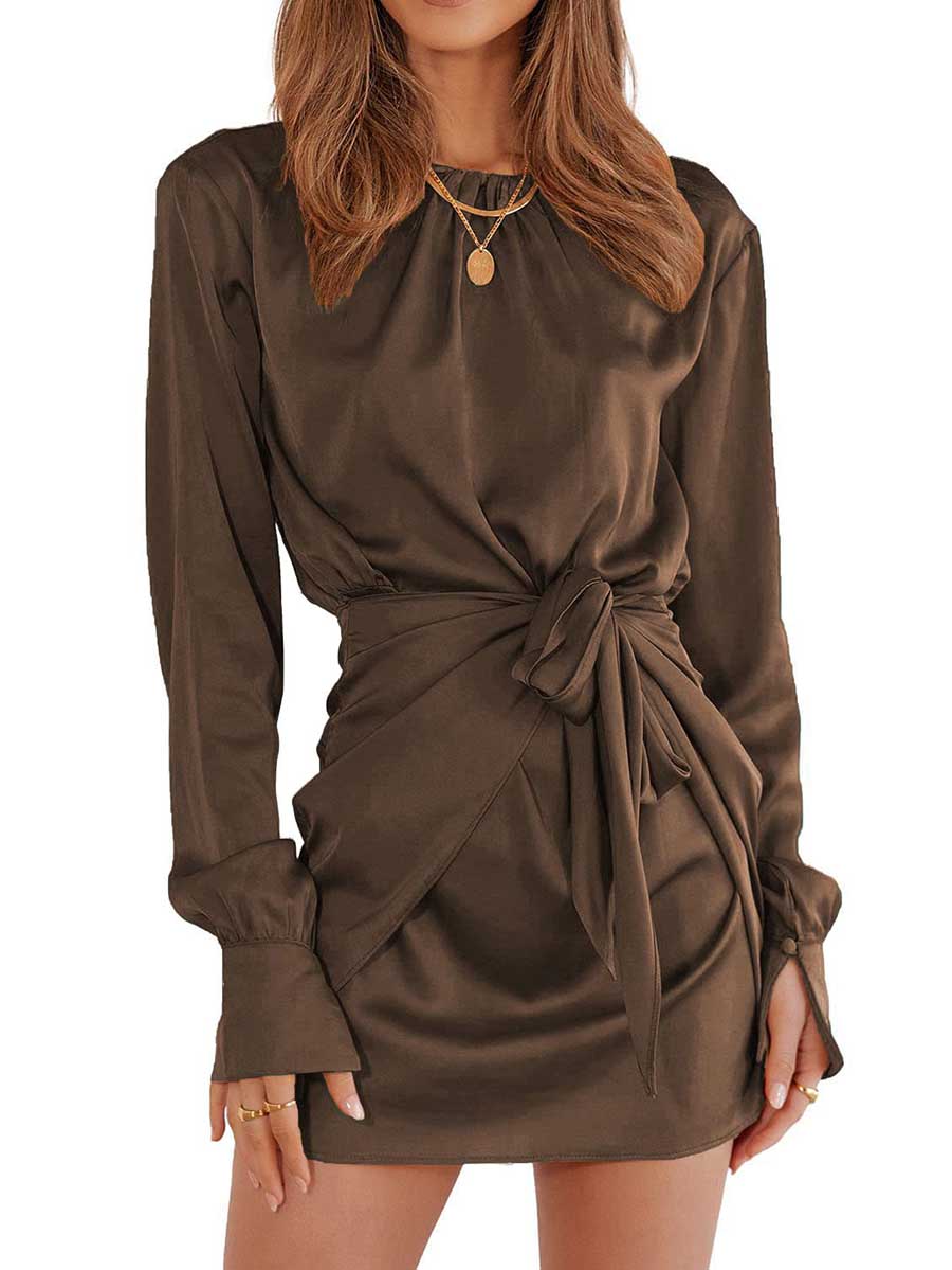 Lunimesd Long Sleeve Round Neck Tie Dress