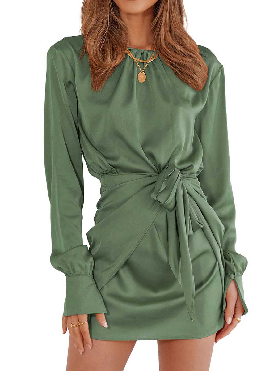 Lunimesd Long Sleeve Round Neck Tie Dress