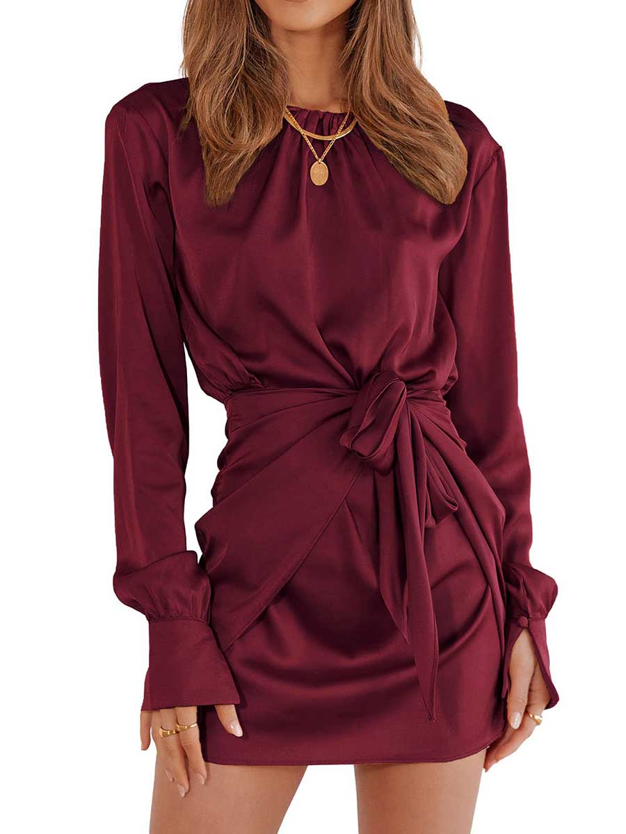 Lunimesd Long Sleeve Round Neck Tie Dress