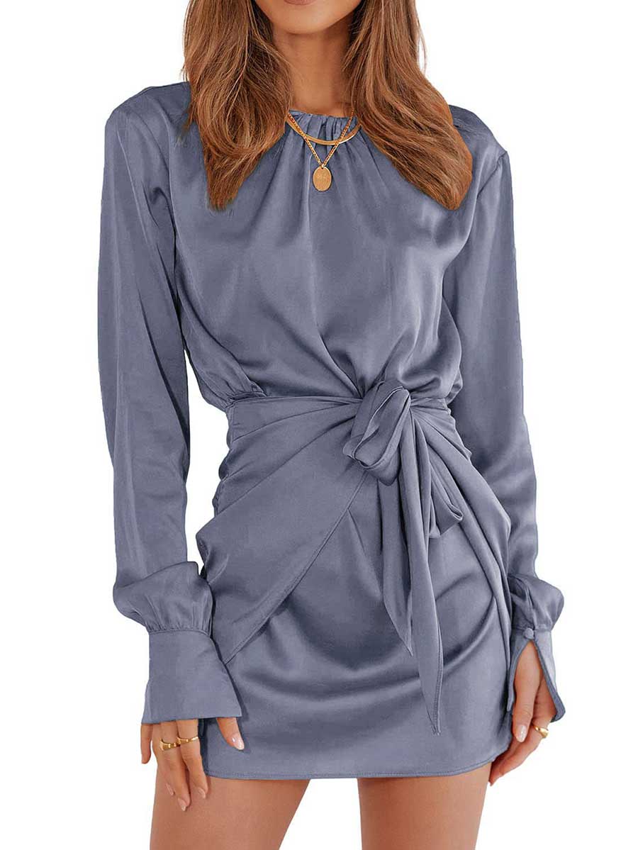 Lunimesd Long Sleeve Round Neck Tie Dress