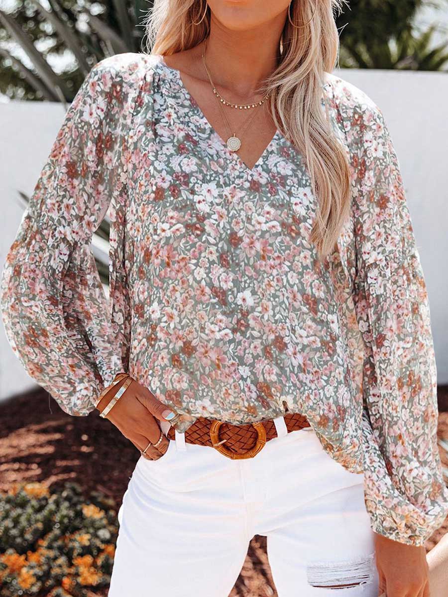 Lunimesd V-neck Floral Chiffon Shirt