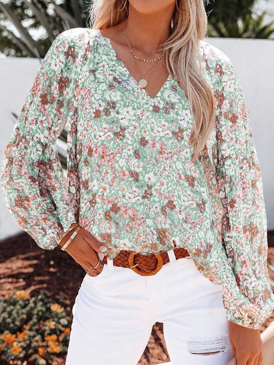 Lunimesd V-neck Floral Chiffon Shirt