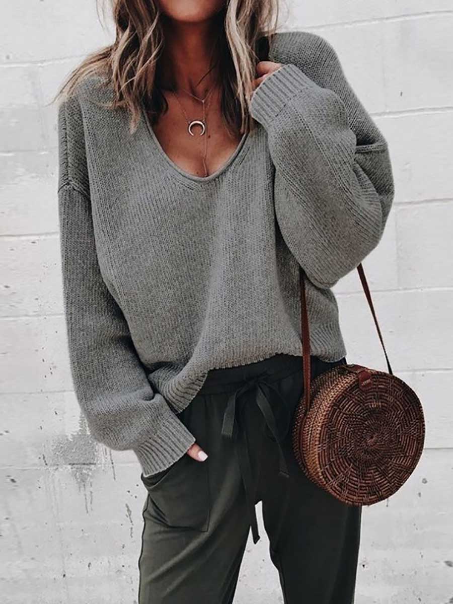 Lunimesd V-neck long sleeve sweater knit