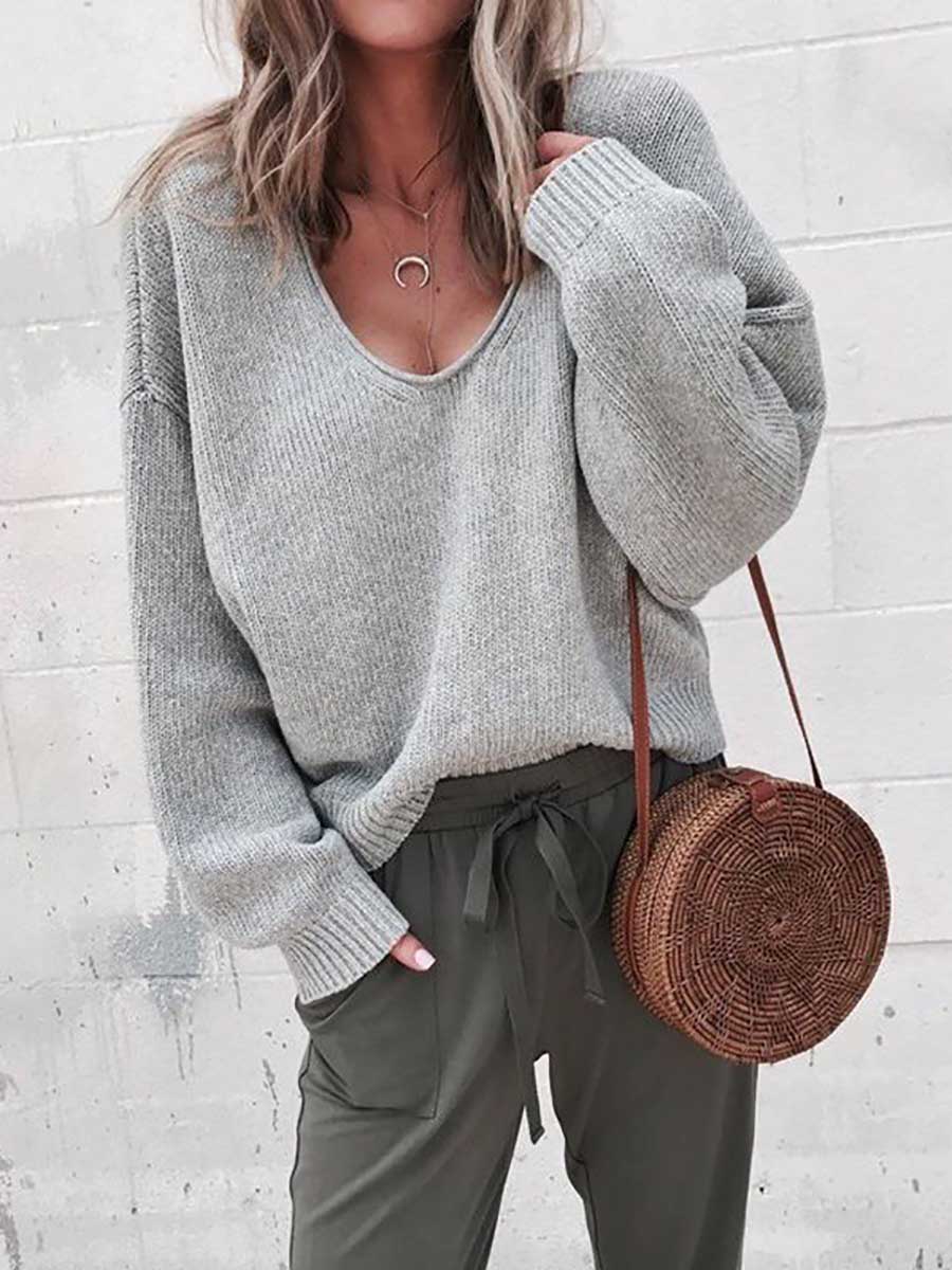 Lunimesd V-neck long sleeve sweater knit