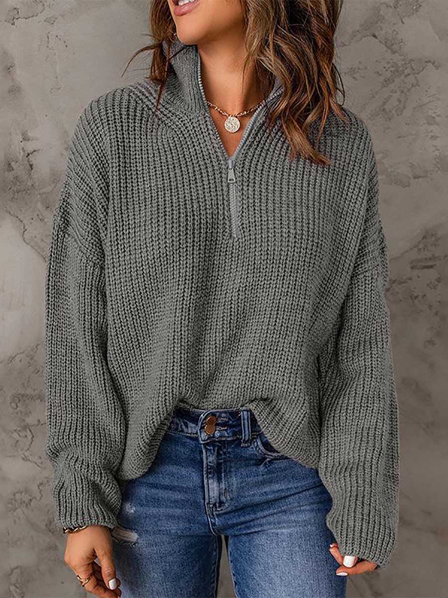 Lunimesd High Neck Zipper Loose Sweater