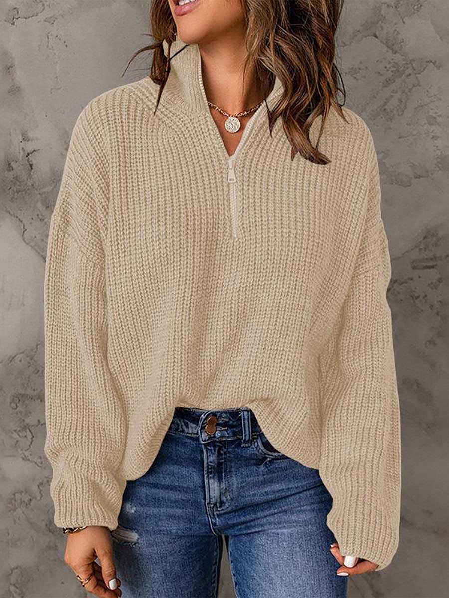Lunimesd High Neck Zipper Loose Sweater