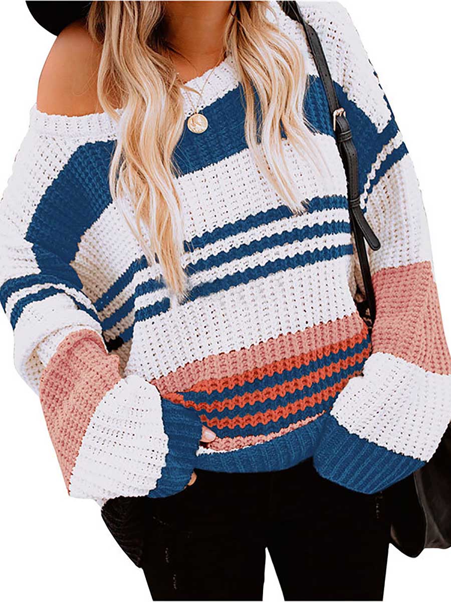Lunimesd Striped Patchwork Colorblock Crew Neck Sweater