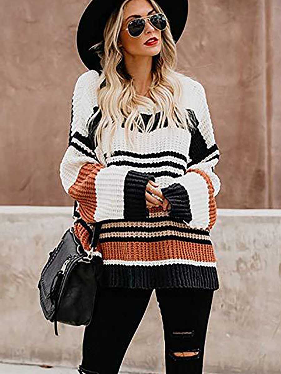 Lunimesd Striped Patchwork Colorblock Crew Neck Sweater