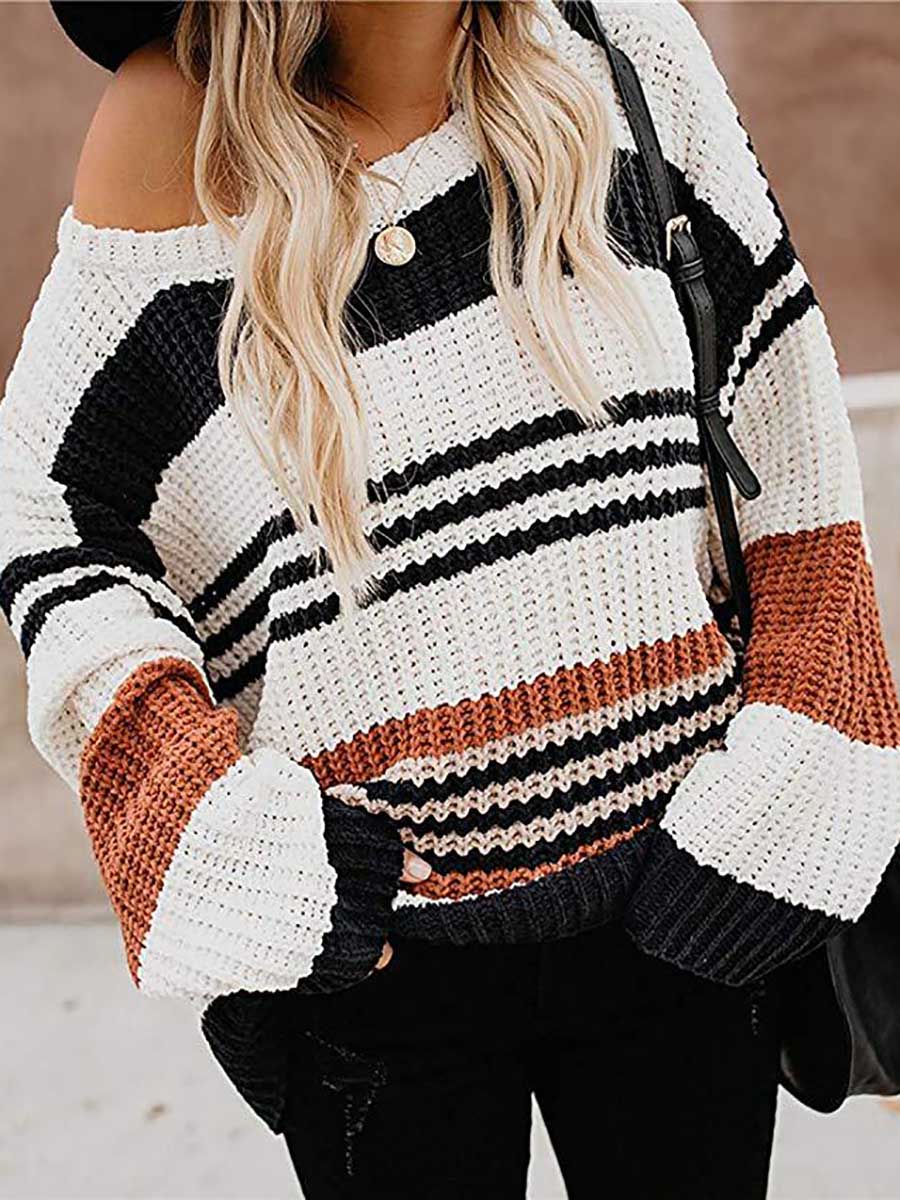 Lunimesd Striped Patchwork Colorblock Crew Neck Sweater