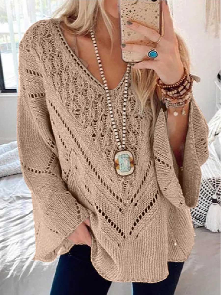 Lunimesd Loose Long Sleeve Cutout V-Neck Sweater