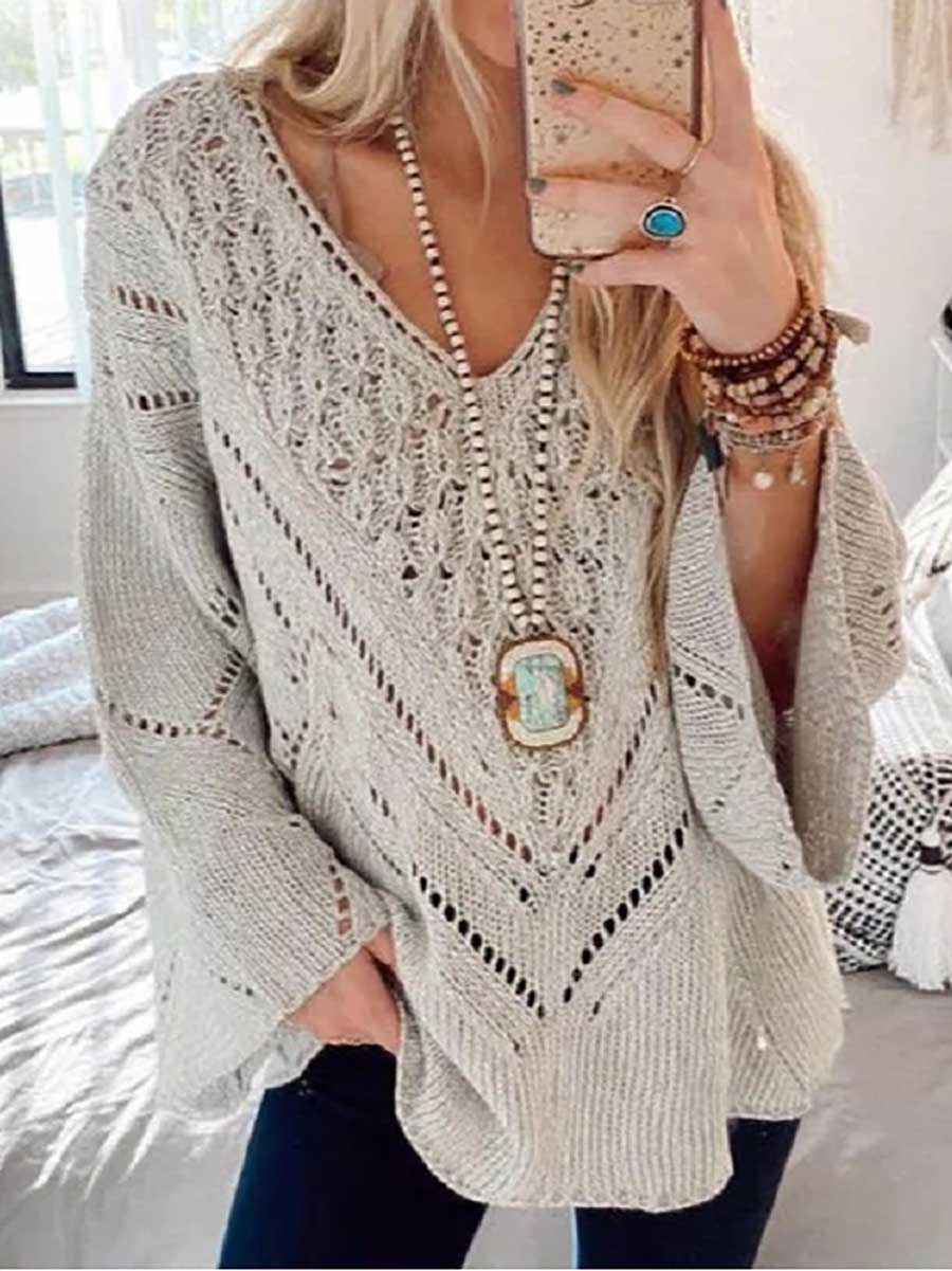 Lunimesd Loose Long Sleeve Cutout V-Neck Sweater