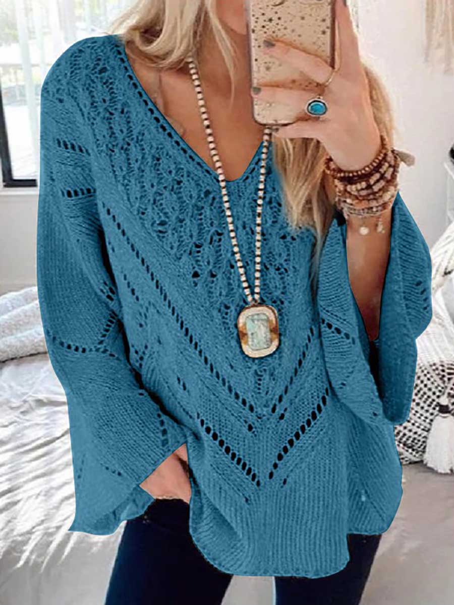 Lunimesd Loose Long Sleeve Cutout V-Neck Sweater