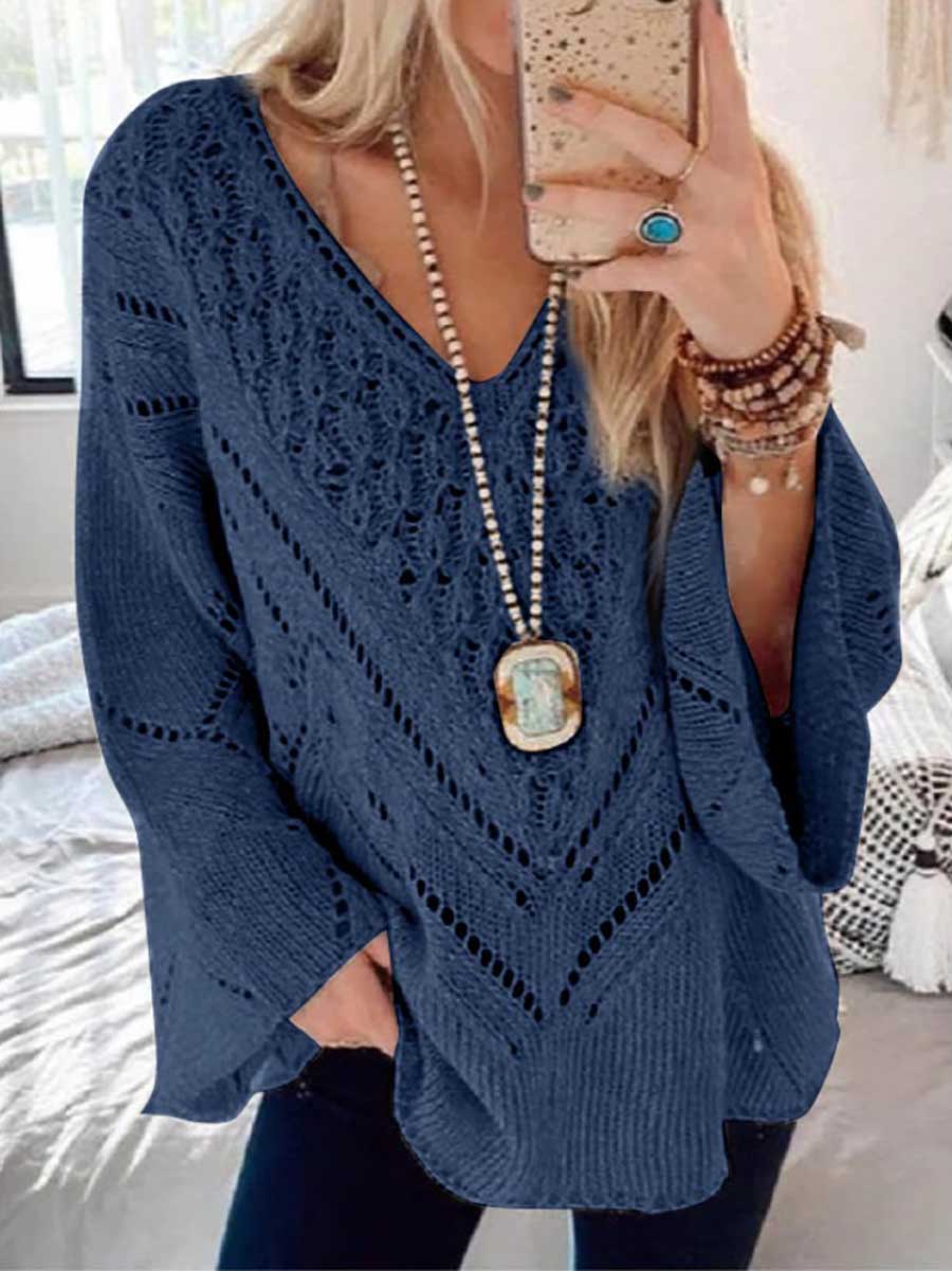 Lunimesd Loose Long Sleeve Cutout V-Neck Sweater