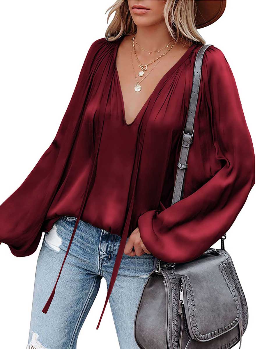 Lunimesd Satin Lantern Sleeve V-Neck Tie Top