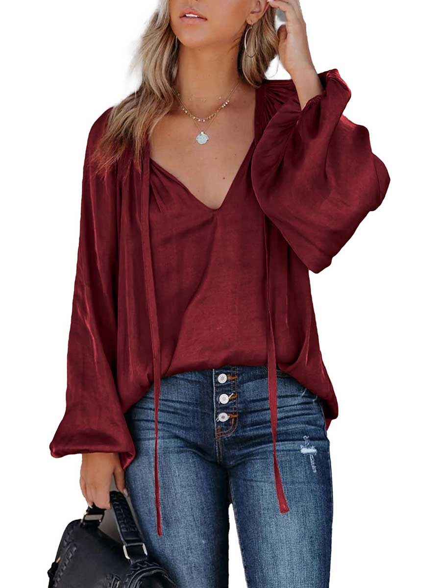 Lunimesd Satin Lantern Sleeve V-Neck Tie Top