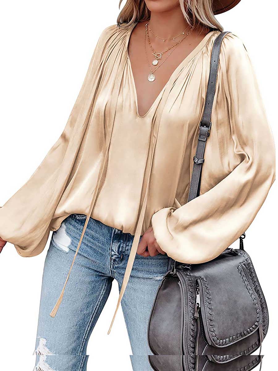 Lunimesd Satin Lantern Sleeve V-Neck Tie Top