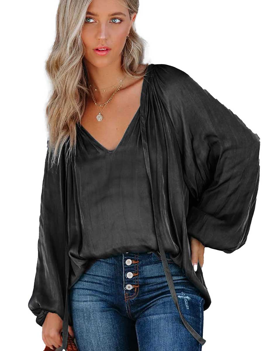 Lunimesd Satin Lantern Sleeve V-Neck Tie Top