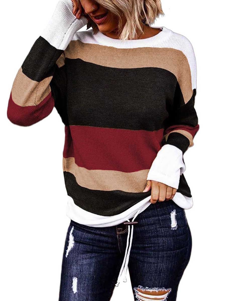 Lunimesd Drawstring Sweater Crew Neck Striped Pullover