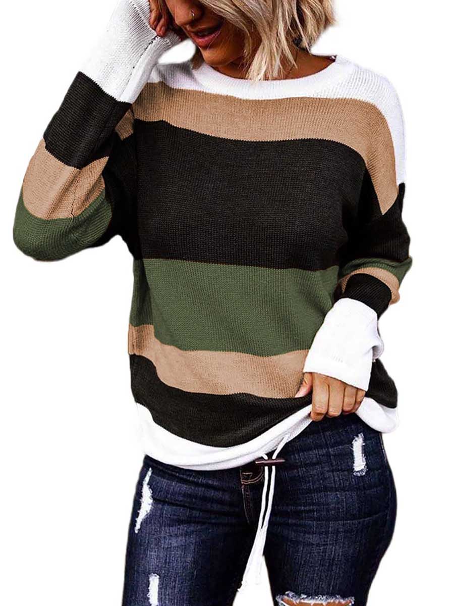 Lunimesd Drawstring Sweater Crew Neck Striped Pullover