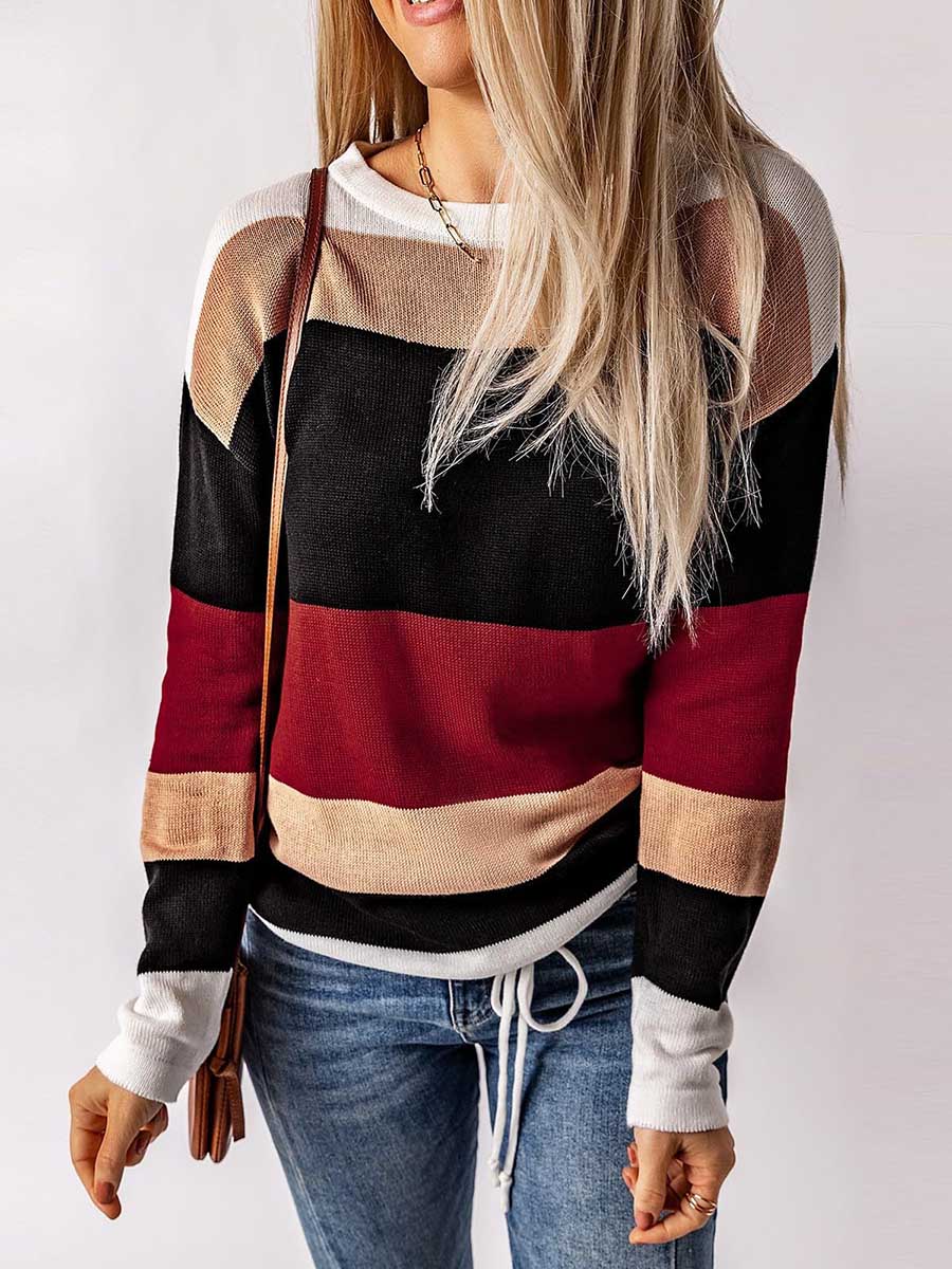 Lunimesd Drawstring Sweater Crew Neck Striped Pullover